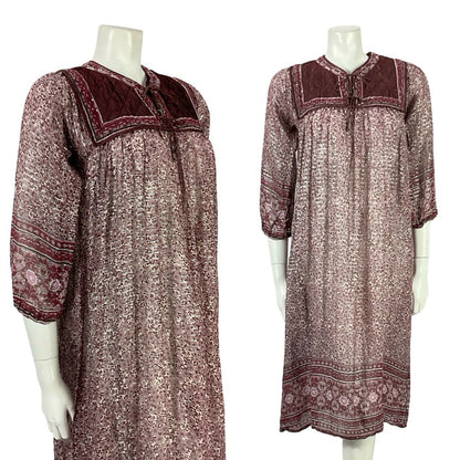 VTG 70S PLUM PURPLE SILVER INDIAN COTTON BOHO HIPPY FLORAL QUILTED DRESS XS 6