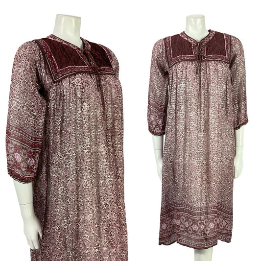 VTG 70S PLUM PURPLE SILVER INDIAN COTTON BOHO HIPPY FLORAL QUILTED DRESS XS 6