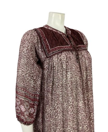 VTG 70S PLUM PURPLE SILVER INDIAN COTTON BOHO HIPPY FLORAL QUILTED DRESS XS 6