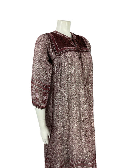 VTG 70S PLUM PURPLE SILVER INDIAN COTTON BOHO HIPPY FLORAL QUILTED DRESS XS 6