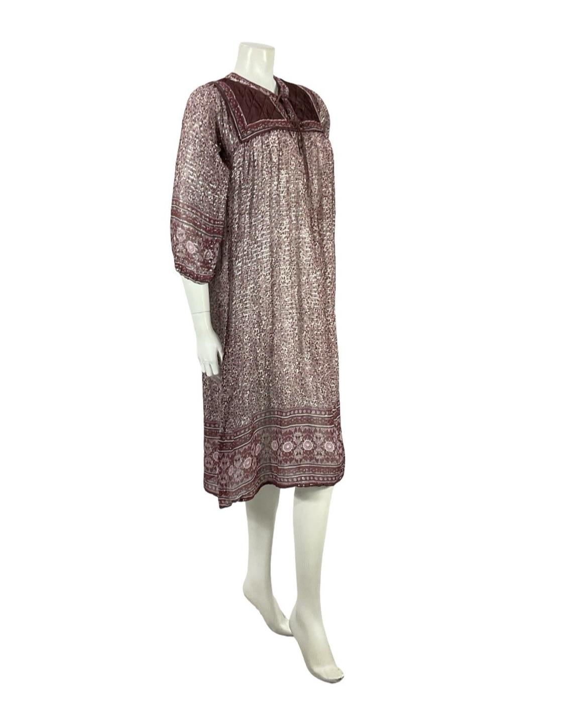 VTG 70S PLUM PURPLE SILVER INDIAN COTTON BOHO HIPPY FLORAL QUILTED DRESS XS 6