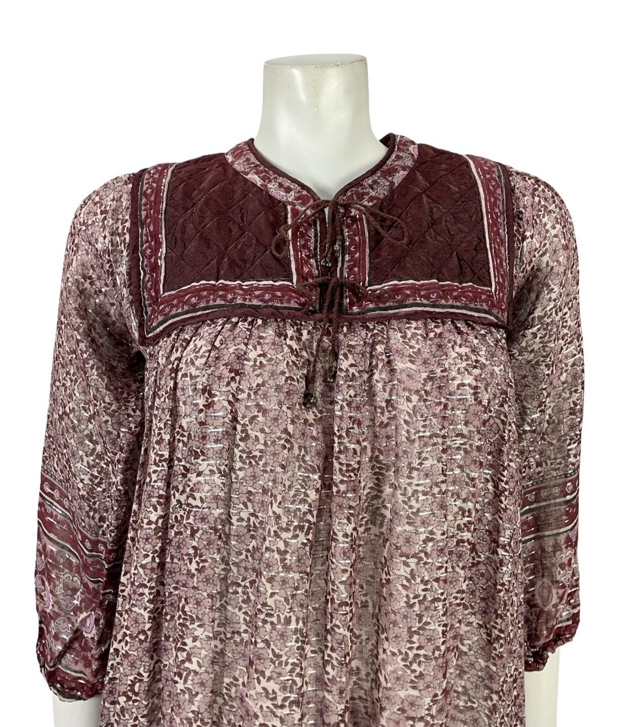 VTG 70S PLUM PURPLE SILVER INDIAN COTTON BOHO HIPPY FLORAL QUILTED DRESS XS 6