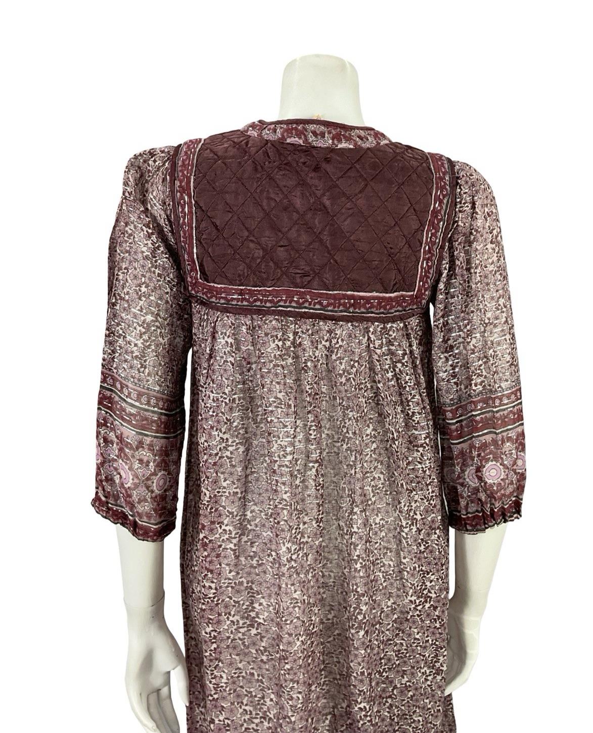 VTG 70S PLUM PURPLE SILVER INDIAN COTTON BOHO HIPPY FLORAL QUILTED DRESS XS 6