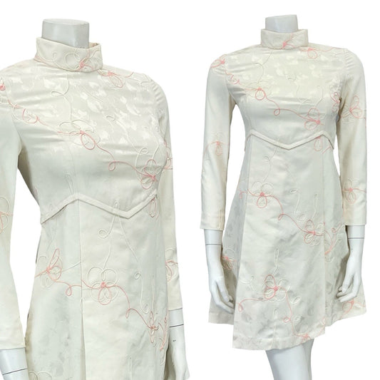 VTG  60S STYLE CREAM PINK DAMASK FLORAL MOD GOGO EMPIRE PLEAT WEDDING DRESS 4
