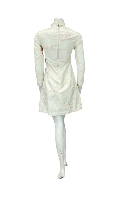 VTG  60S STYLE CREAM PINK DAMASK FLORAL MOD GOGO EMPIRE PLEAT WEDDING DRESS 4