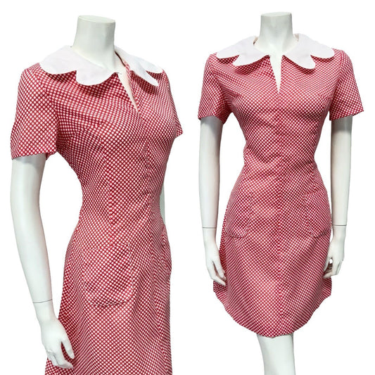 VTG 60S RED WHITE MOD GOGO BUTTERFLY COLLAR POLKA DOT PENCIL DRESS 12 14 M