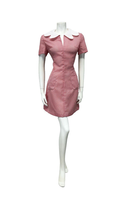 VTG 60S RED WHITE MOD GOGO BUTTERFLY COLLAR POLKA DOT PENCIL DRESS 12 14 M