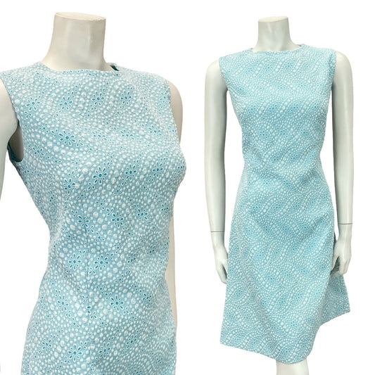 VTG 60S MOD GOGO SKY BLUE WHITE FLORAL DOTTY GEOMETRIC A LINE DRESS 10