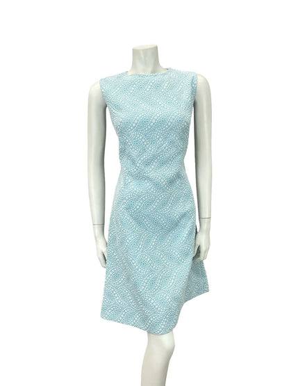 VTG 60S MOD GOGO SKY BLUE WHITE FLORAL DOTTY GEOMETRIC A LINE DRESS 10