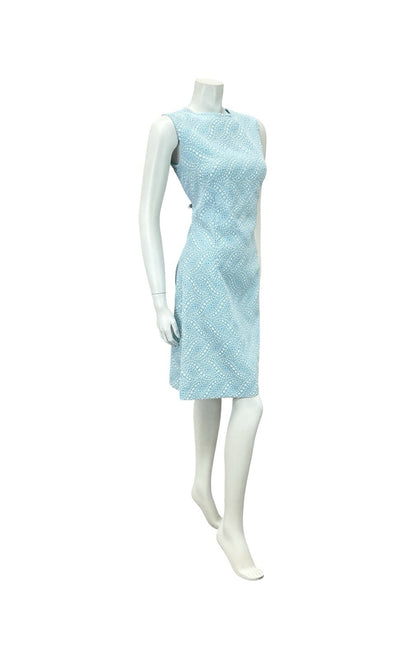 VTG 60S MOD GOGO SKY BLUE WHITE FLORAL DOTTY GEOMETRIC A LINE DRESS 10