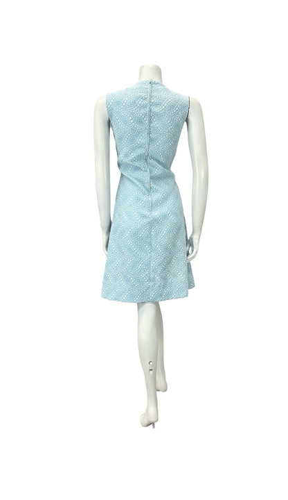 VTG 60S MOD GOGO SKY BLUE WHITE FLORAL DOTTY GEOMETRIC A LINE DRESS 10