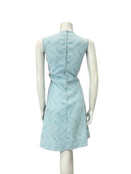 VTG 60S MOD GOGO SKY BLUE WHITE FLORAL DOTTY GEOMETRIC A LINE DRESS 10
