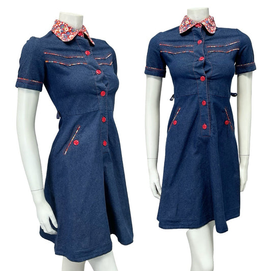 VTG 60S 70S NAVY BLUE DENIM RED FLORAL CONTRAST STITCH RIC RAC SHIRT DRESS 4