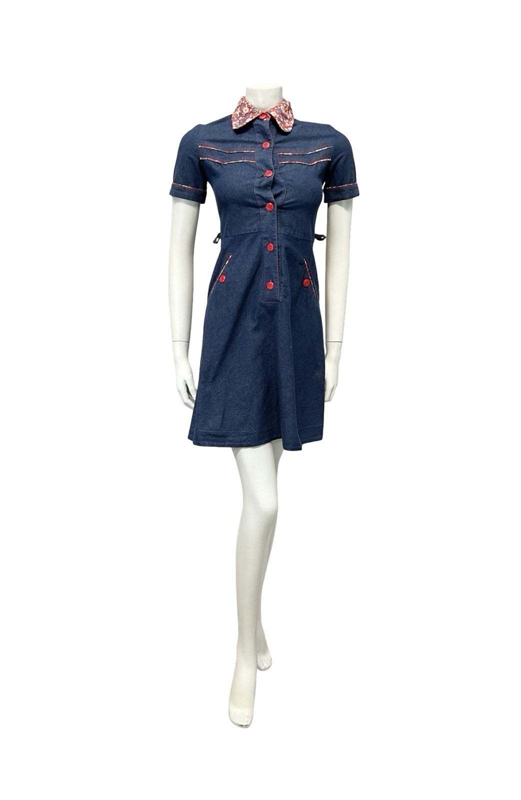 VTG 60S 70S NAVY BLUE DENIM RED FLORAL CONTRAST STITCH RIC RAC SHIRT DRESS 4
