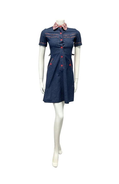 VTG 60S 70S NAVY BLUE DENIM RED FLORAL CONTRAST STITCH RIC RAC SHIRT DRESS 4
