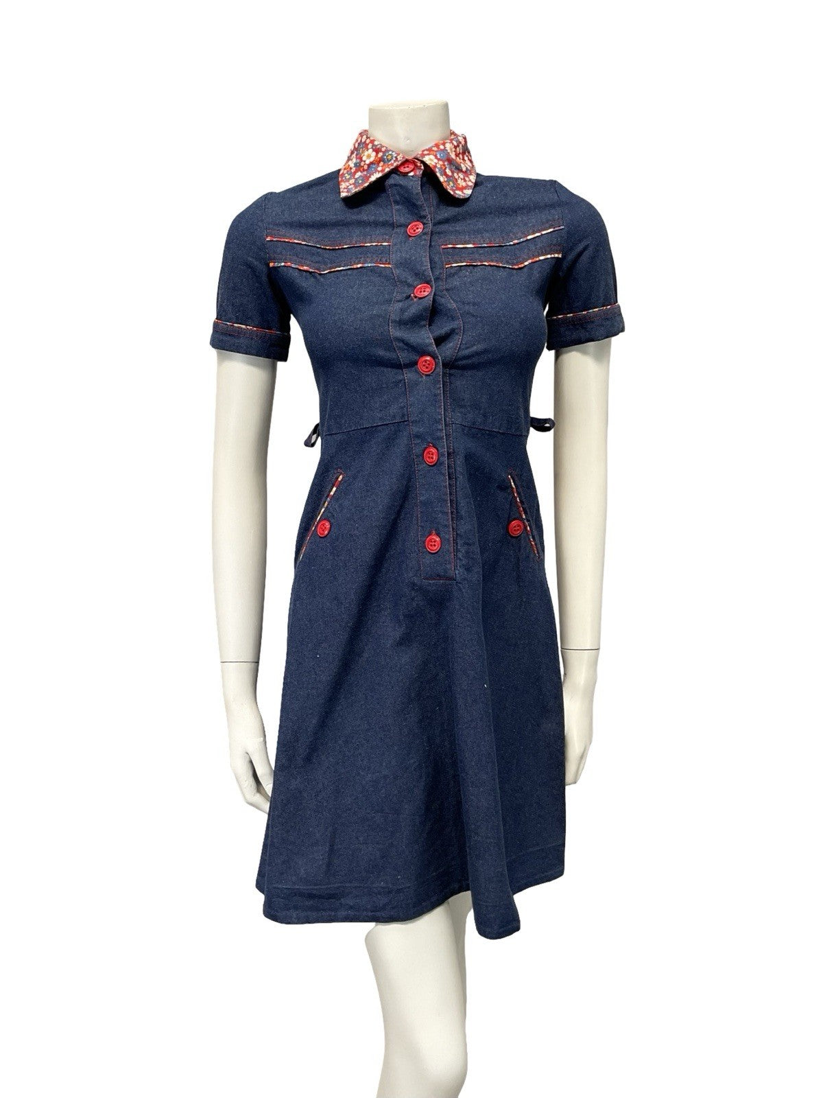 VTG 60S 70S NAVY BLUE DENIM RED FLORAL CONTRAST STITCH RIC RAC SHIRT DRESS 4