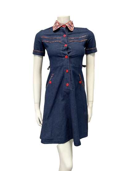 VTG 60S 70S NAVY BLUE DENIM RED FLORAL CONTRAST STITCH RIC RAC SHIRT DRESS 4