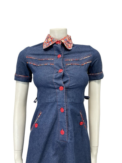 VTG 60S 70S NAVY BLUE DENIM RED FLORAL CONTRAST STITCH RIC RAC SHIRT DRESS 4