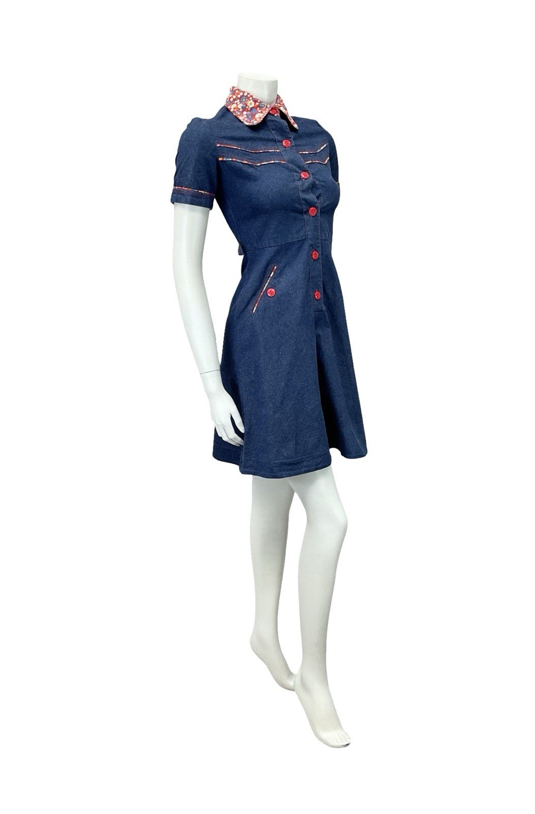VTG 60S 70S NAVY BLUE DENIM RED FLORAL CONTRAST STITCH RIC RAC SHIRT DRESS 4
