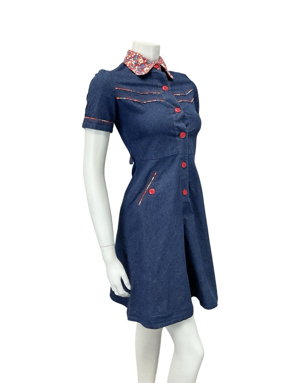 VTG 60S 70S NAVY BLUE DENIM RED FLORAL CONTRAST STITCH RIC RAC SHIRT DRESS 4