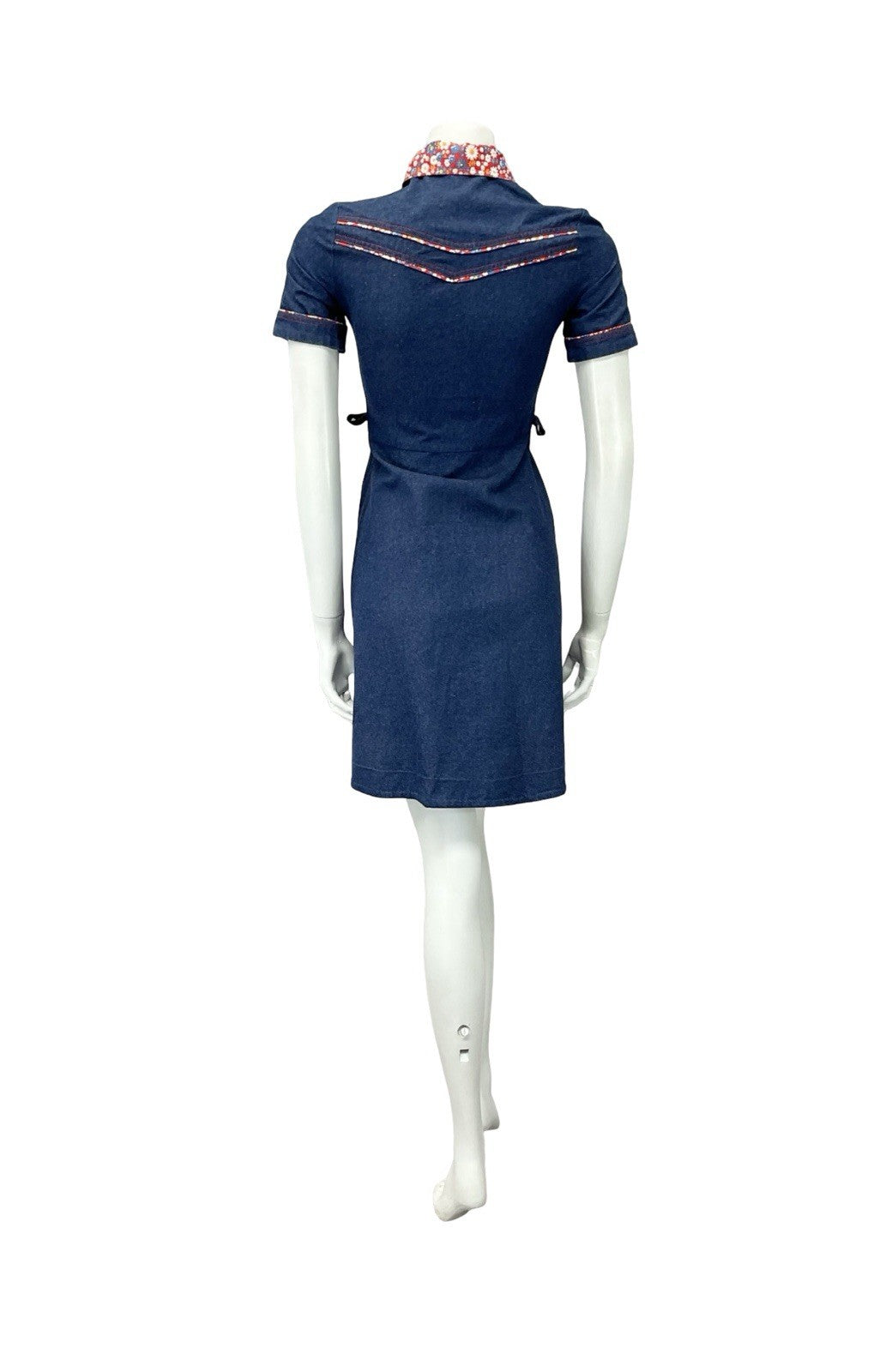 VTG 60S 70S NAVY BLUE DENIM RED FLORAL CONTRAST STITCH RIC RAC SHIRT DRESS 4