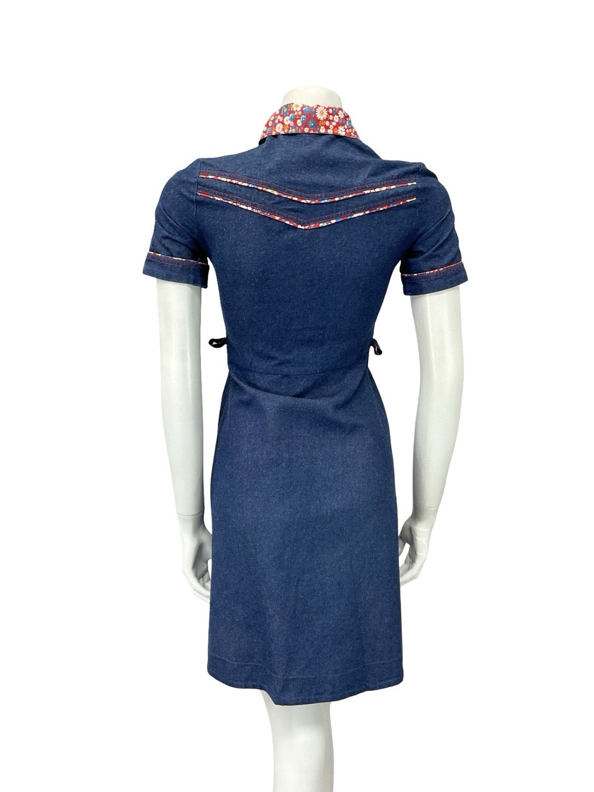 VTG 60S 70S NAVY BLUE DENIM RED FLORAL CONTRAST STITCH RIC RAC SHIRT DRESS 4