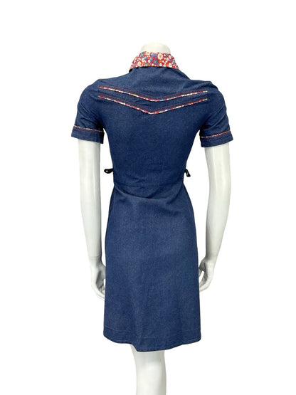VTG 60S 70S NAVY BLUE DENIM RED FLORAL CONTRAST STITCH RIC RAC SHIRT DRESS 4