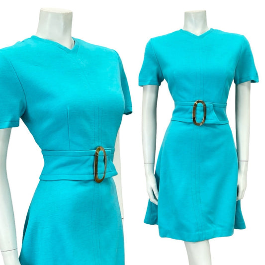 VTG 60S MOD GOGO SPACE AGE BRIGHT BLUE O RING BELT A LINE MINI DRESS 8 10 S