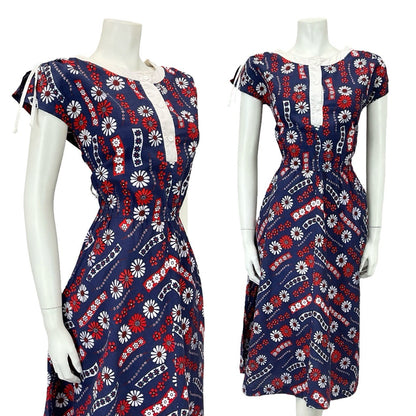 VTG 60S NAVY BLUE RED WHITE FLORAL GEOMETRIC ELASTICATED RUCHED SWING DRESS 10