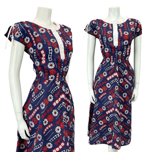 VTG 60S NAVY BLUE RED WHITE FLORAL GEOMETRIC ELASTICATED RUCHED SWING DRESS 10