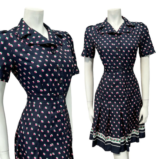 VTG 60S 70S NAVY BLUE PINK GREEN WHITE PLEATED SECRETARY MOD SHIRT DRESS 8 10 S