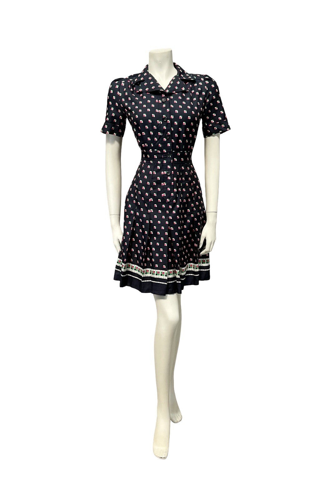 VTG 60S 70S NAVY BLUE PINK GREEN WHITE PLEATED SECRETARY MOD SHIRT DRESS 8 10 S