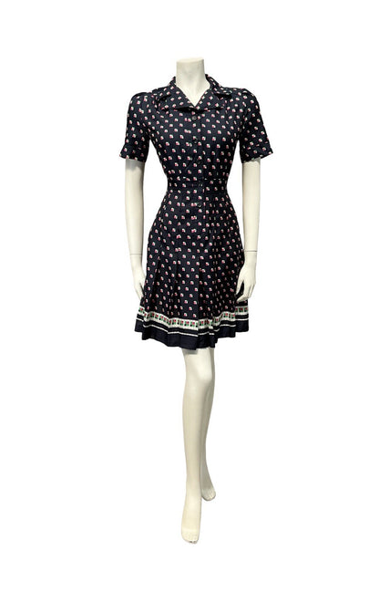 VTG 60S 70S NAVY BLUE PINK GREEN WHITE PLEATED SECRETARY MOD SHIRT DRESS 8 10 S