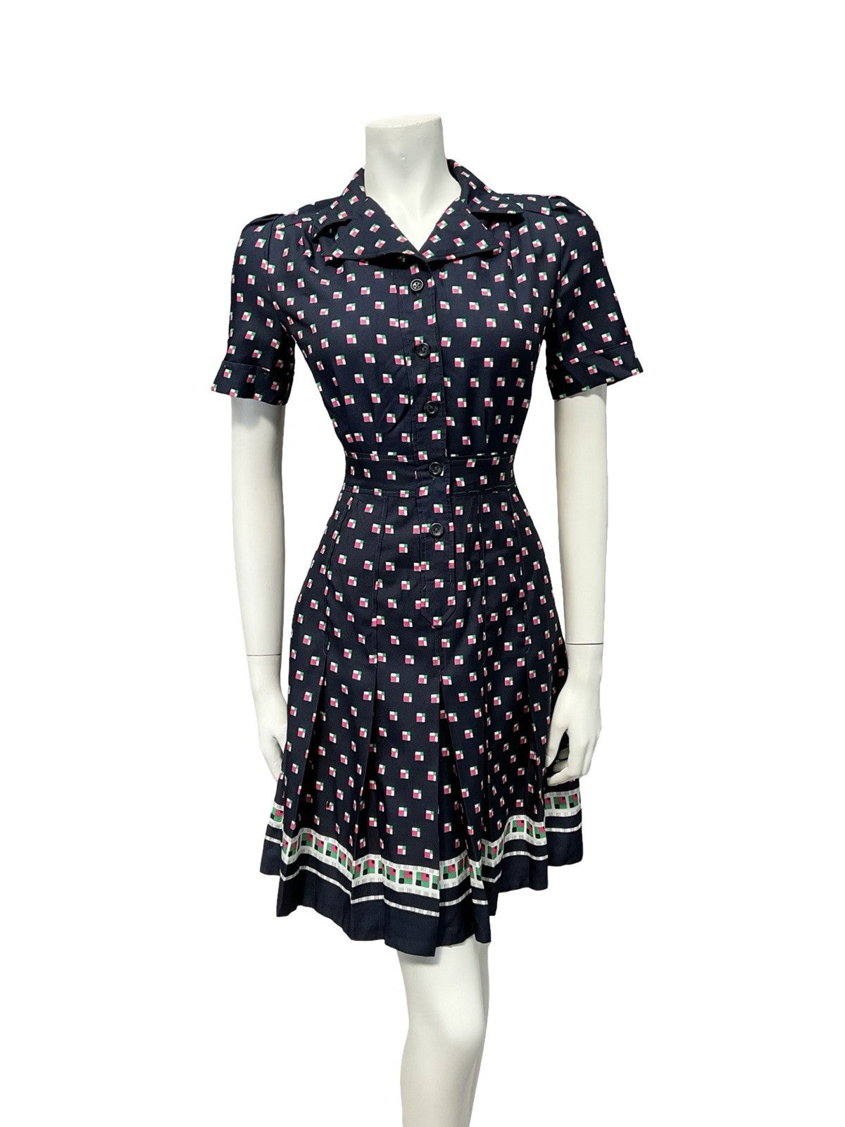 VTG 60S 70S NAVY BLUE PINK GREEN WHITE PLEATED SECRETARY MOD SHIRT DRESS 8 10 S