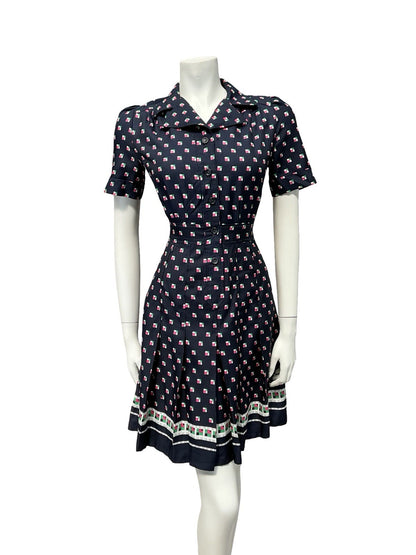 VTG 60S 70S NAVY BLUE PINK GREEN WHITE PLEATED SECRETARY MOD SHIRT DRESS 8 10 S