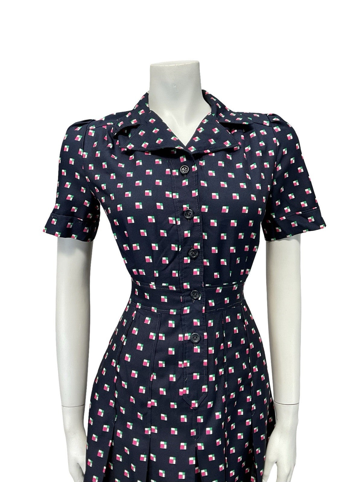 VTG 60S 70S NAVY BLUE PINK GREEN WHITE PLEATED SECRETARY MOD SHIRT DRESS 8 10 S
