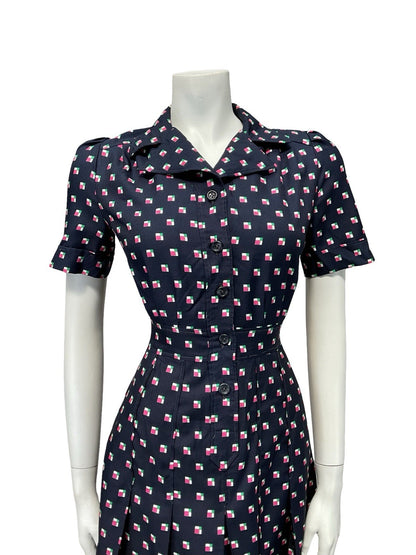 VTG 60S 70S NAVY BLUE PINK GREEN WHITE PLEATED SECRETARY MOD SHIRT DRESS 8 10 S