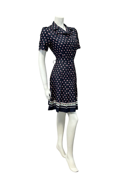 VTG 60S 70S NAVY BLUE PINK GREEN WHITE PLEATED SECRETARY MOD SHIRT DRESS 8 10 S