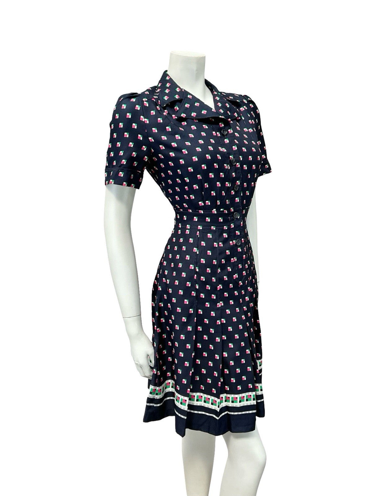 VTG 60S 70S NAVY BLUE PINK GREEN WHITE PLEATED SECRETARY MOD SHIRT DRESS 8 10 S