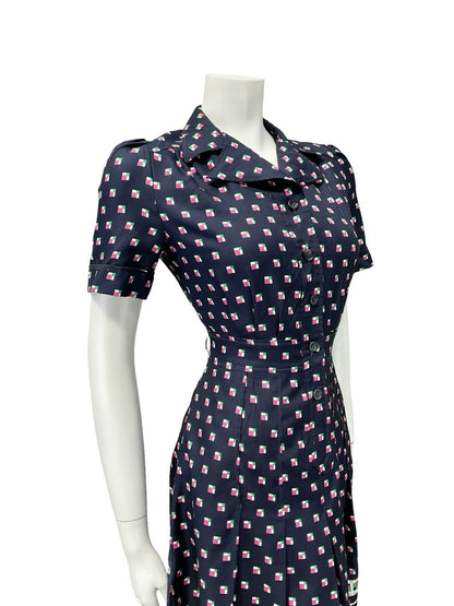 VTG 60S 70S NAVY BLUE PINK GREEN WHITE PLEATED SECRETARY MOD SHIRT DRESS 8 10 S