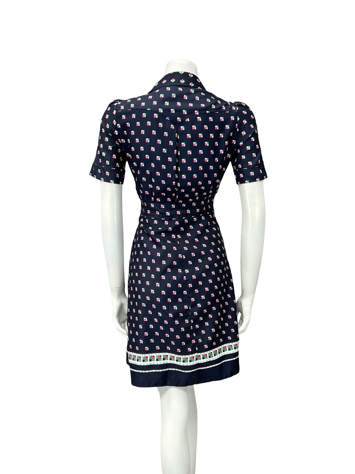 VTG 60S 70S NAVY BLUE PINK GREEN WHITE PLEATED SECRETARY MOD SHIRT DRESS 8 10 S