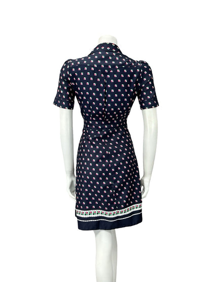 VTG 60S 70S NAVY BLUE PINK GREEN WHITE PLEATED SECRETARY MOD SHIRT DRESS 8 10 S