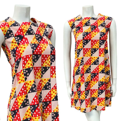 VTG 60S MOD RED WHITE BLUE YELLOW GEOMETRIC APPLE DAISY PINAFORE TENT DRESS 4
