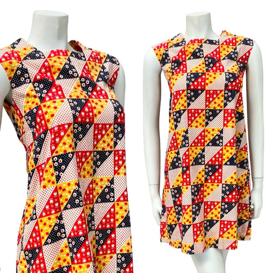 VTG 60S MOD RED WHITE BLUE YELLOW GEOMETRIC APPLE DAISY PINAFORE TENT DRESS 4