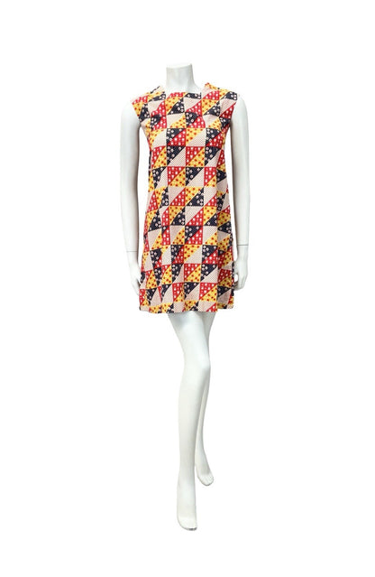 VTG 60S MOD RED WHITE BLUE YELLOW GEOMETRIC APPLE DAISY PINAFORE TENT DRESS 4