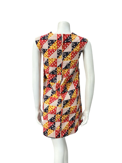 VTG 60S MOD RED WHITE BLUE YELLOW GEOMETRIC APPLE DAISY PINAFORE TENT DRESS 4