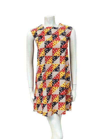 VTG 60S MOD RED WHITE BLUE YELLOW GEOMETRIC APPLE DAISY PINAFORE TENT DRESS 4