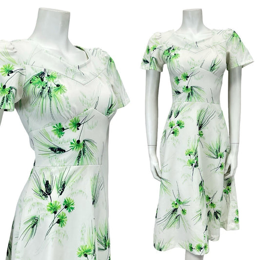 VTG 60S WHITE GREEN FLORAL GRASS SWEETHEART A LINE ROCKABILLY SWING DRESS 8