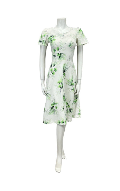VTG 60S WHITE GREEN FLORAL GRASS SWEETHEART A LINE ROCKABILLY SWING DRESS 8
