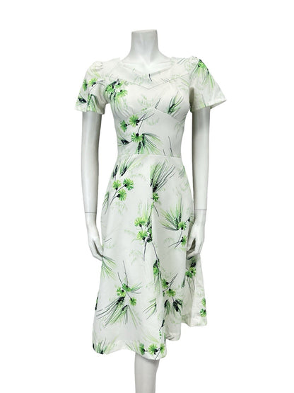 VTG 60S WHITE GREEN FLORAL GRASS SWEETHEART A LINE ROCKABILLY SWING DRESS 8